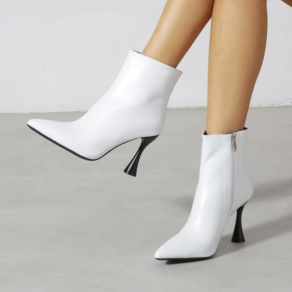 

Minimalist Point Toe Side Zipper Pyramid Heeled Classic Boots, White