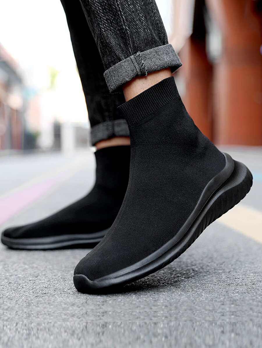 Men Minimalist High Top Sock Slip On Sneakers - Black - View 1