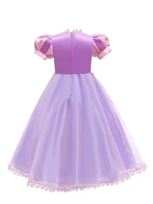 小女童泡泡袖十字交叉鏤空蕾絲花邊網紗邊派對禮服 - 彩色 - 查看 2