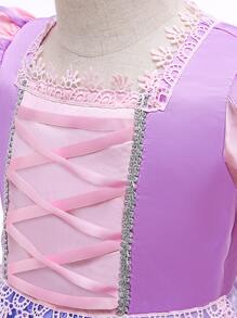 小女童泡泡袖十字交叉鏤空蕾絲花邊網紗邊派對禮服 - 彩色 - 查看 3