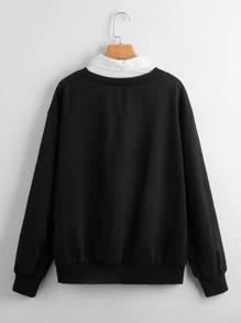 SHEIN EZwear Drop Shoulder Contrast Collar Pullover - Black - View 2