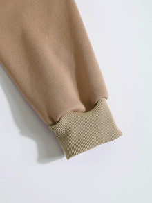 SHEIN EZwear Áo nỉ có mũ Chất rắn Dây rút Túi mặt trước - Màu be - Xem 3