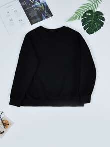 Chinese Character Pattern Drop Shoulder Pullover - Black - View 6