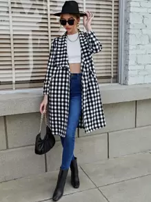 SHEIN 雙色格子青果領腰帶花呢外套 - 黑與白 - 查看 1