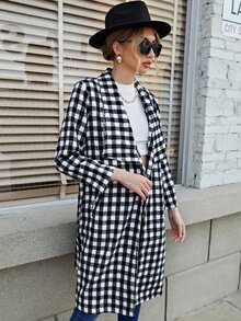 SHEIN 雙色格子青果領腰帶花呢外套 - 黑與白 - 查看 3