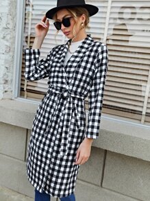 SHEIN 雙色格子青果領腰帶花呢外套 - 黑與白 - 查看 4