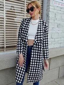 SHEIN 雙色格子青果領腰帶花呢外套 - 黑與白 - 查看 5