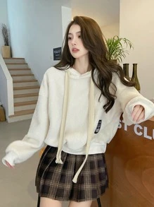 Teddy Hoodie Đã vá Thả vai Dây rút - Màu be - Xem 1