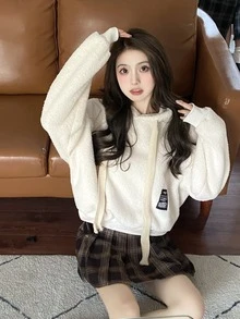 Teddy Hoodie Đã vá Thả vai Dây rút - Màu be - Xem 3