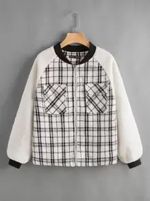 SHEIN Unity Cazadora tipo bomber de cuadros con bolsillo con solapa de manga raglán - Blanco - Ver 1