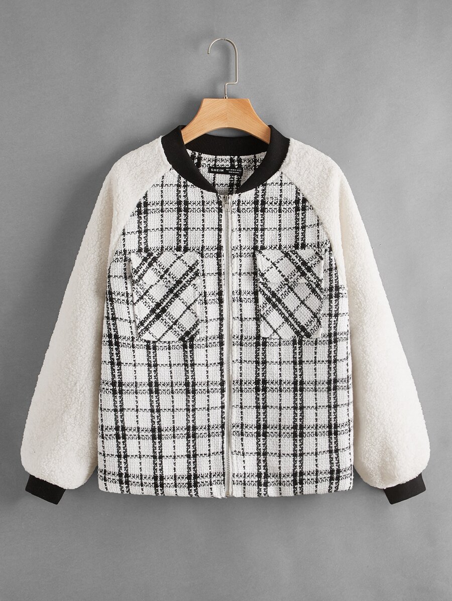 SHEIN Unity Cazadora tipo bomber de cuadros con bolsillo con solapa de manga raglán - Blanco - Ver 1