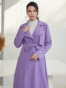 SHEIN 西裝領腰帶風衣外套 - 紫丁香色 - 查看 5