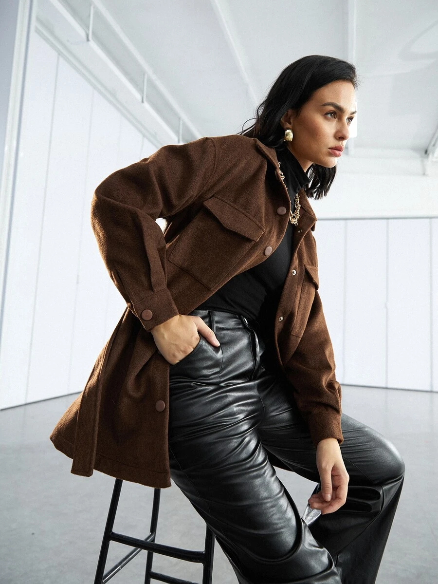 SHEIN EZwear 格紋翻蓋口袋落肩袖腰帶花呢外套 - 彩色 - 查看 1