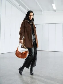 SHEIN EZwear 格紋翻蓋口袋落肩袖腰帶花呢外套 - 彩色 - 查看 4