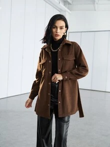 SHEIN EZwear 格紋翻蓋口袋落肩袖腰帶花呢外套 - 彩色 - 查看 5