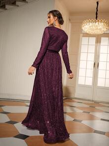 Wrap Belted Maxi Glitter Dress - Purple - View 2