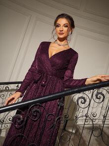Wrap Belted Maxi Glitter Dress - Purple - View 3