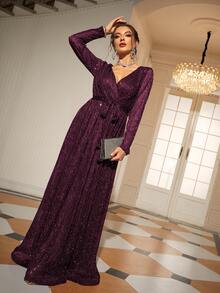 Wrap Belted Maxi Glitter Dress - Purple - View 5
