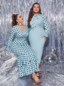 SHEIN Privé Plus 1pc Polka Dot Tie Neck Flounce Sleeve Split Back Bodycon Dress - Mint Blue - View 4