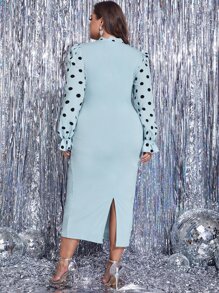 SHEIN Privé Plus 1pc Polka Dot Tie Neck Flounce Sleeve Split Back Bodycon Dress - Mint Blue - View 2