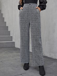Modelyn High Waist Plaid Tweed Trousers - Black and White - View 1