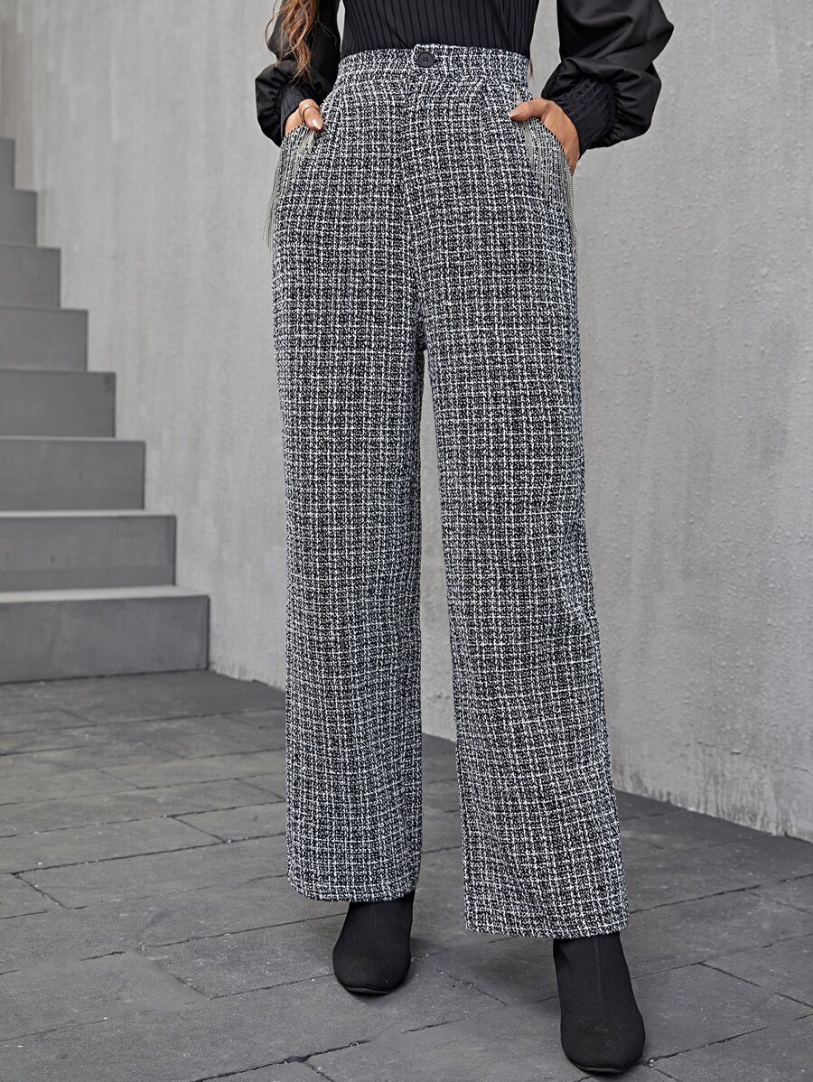 Modelyn High Waist Plaid Tweed Trousers - Black and White - View 1
