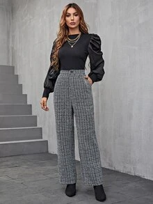 Modelyn High Waist Plaid Tweed Trousers - Black and White - View 3