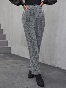 Modelyn High Waist Plaid Tweed Trousers - Black and White - View 4