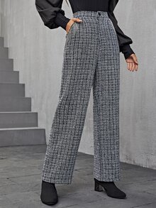 Modelyn High Waist Plaid Tweed Trousers - Black and White - View 5