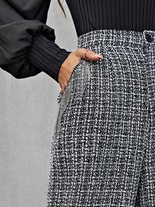 Modelyn High Waist Plaid Tweed Trousers - Black and White - View 6