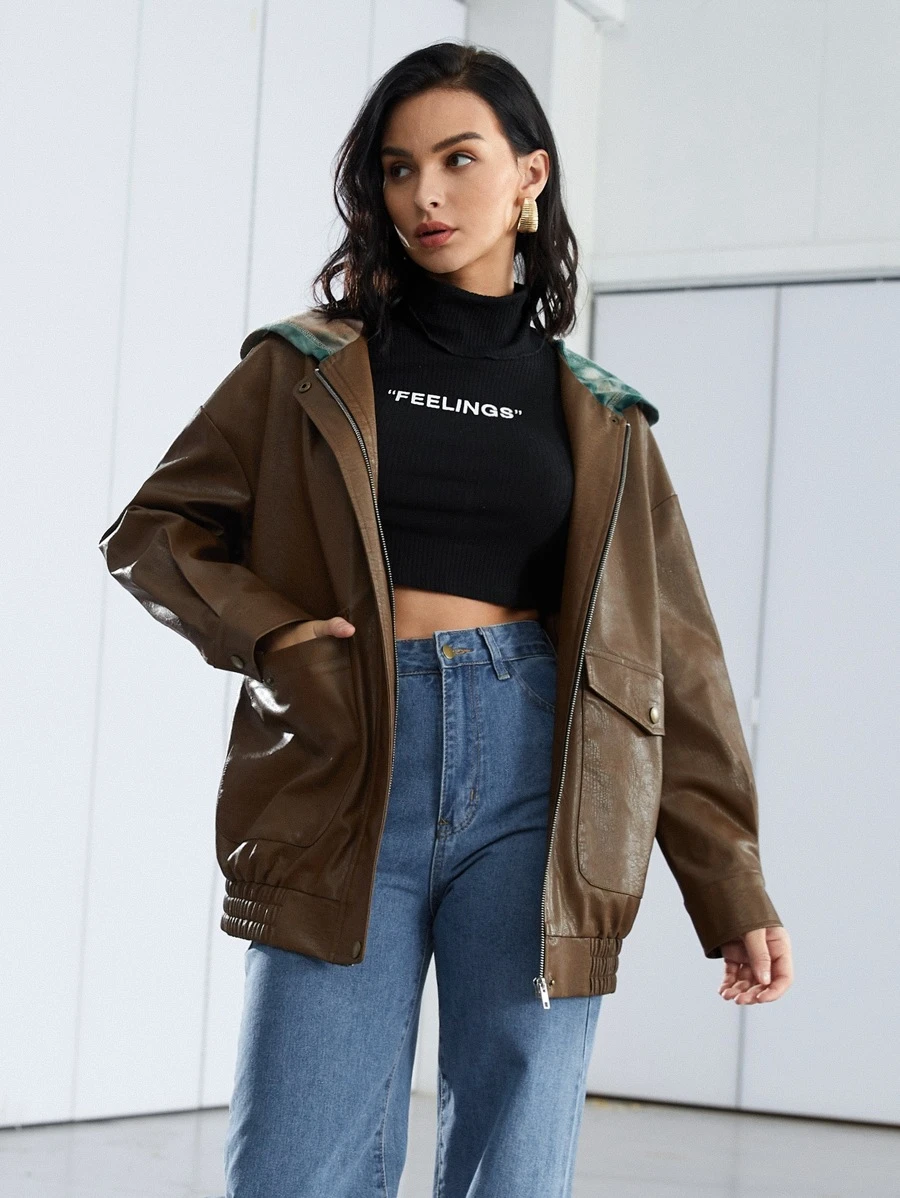 SHEIN EZwear Cazadora con bolsillo con solapa de hombros caídos de tie dye con capucha PU - Marrón Mocha - Ver 1