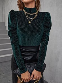 Modelyn Gigot Sleeve Mock Neck Velvet Tee - Dark Green - View 1