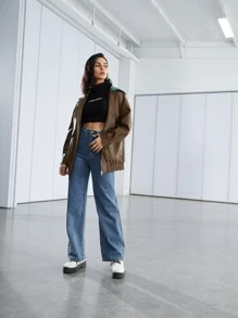 SHEIN EZwear Cazadora con bolsillo con solapa de hombros caídos de tie dye con capucha PU - Marrón Mocha - Ver 3