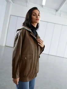 SHEIN EZwear Cazadora con bolsillo con solapa de hombros caídos de tie dye con capucha PU - Marrón Mocha - Ver 4