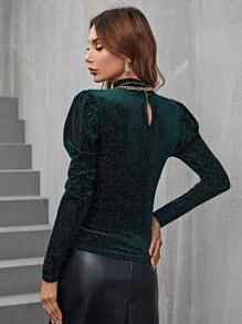 Modelyn Gigot Sleeve Mock Neck Velvet Tee - Dark Green - View 2