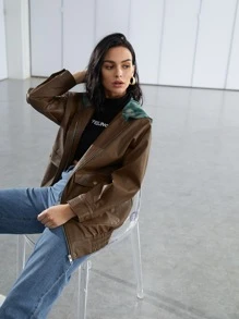 SHEIN EZwear Cazadora con bolsillo con solapa de hombros caídos de tie dye con capucha PU - Marrón Mocha - Ver 5