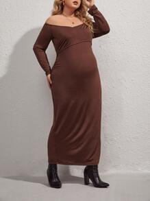 SHEIN Maternidad Talla grande Vestido de hombros descubiertos con abertura trasera - Marrón - Ver 1