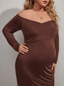 SHEIN Maternidad Talla grande Vestido de hombros descubiertos con abertura trasera - Marrón - Ver 4