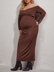 SHEIN Maternidad Talla grande Vestido de hombros descubiertos con abertura trasera - Marrón - Ver 5