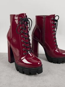 Giày bốt Nữ Thời trang Ren lên màu trơn Dây kéo bên Hấp dẫn - Màu Đỏ Sâu - Xem 2