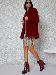 Giày bốt Nữ Thời trang Ren lên màu trơn Dây kéo bên Hấp dẫn - Màu Đỏ Sâu - Xem 3