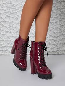 Giày bốt Nữ Thời trang Ren lên màu trơn Dây kéo bên Hấp dẫn - Màu Đỏ Sâu - Xem 4