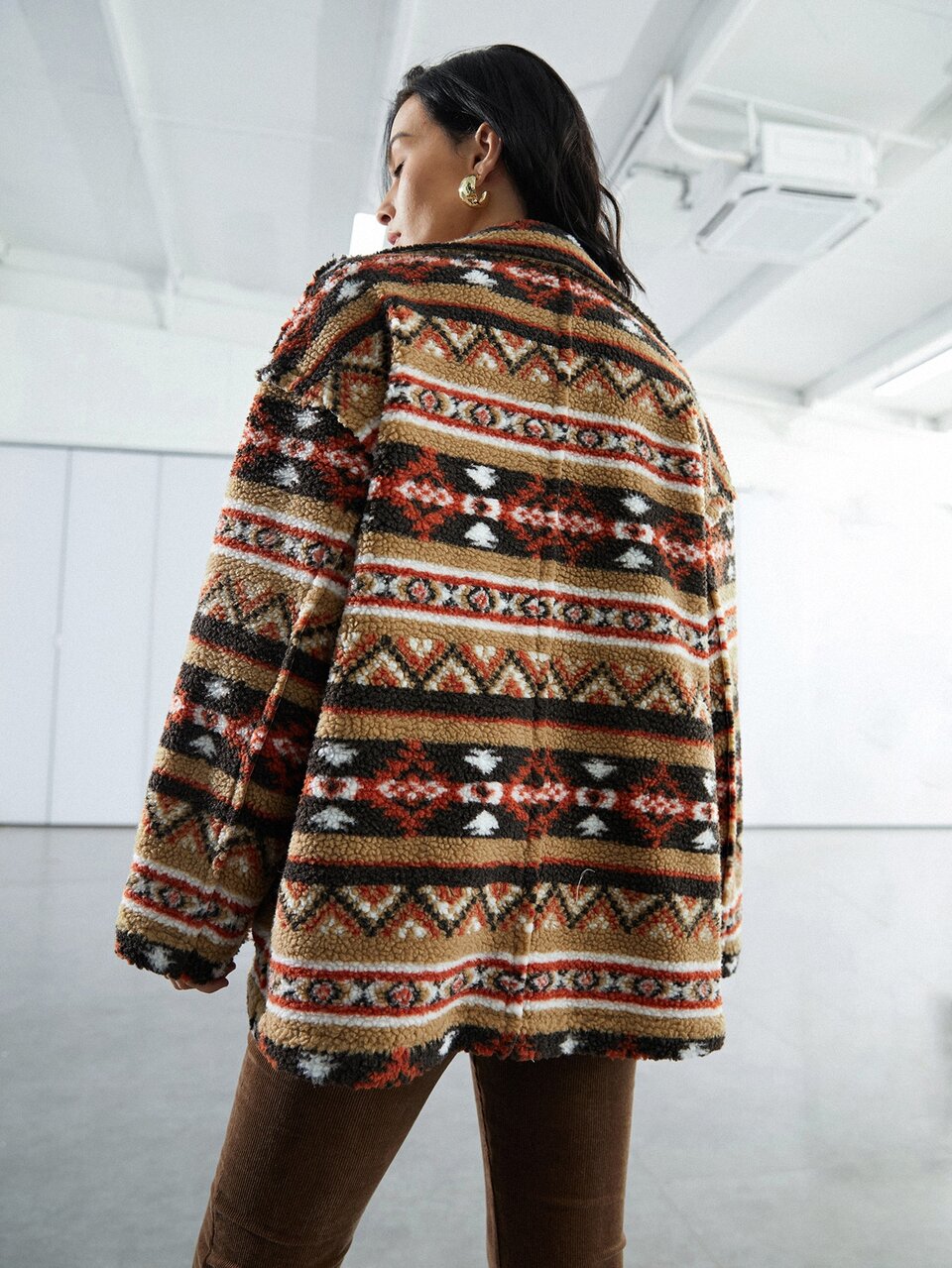 Grid Print Drop Shoulder Teddy Coat