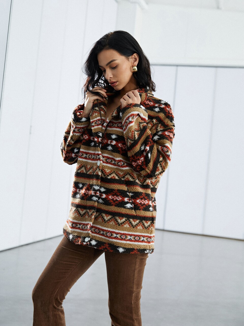 Grid Print Drop Shoulder Teddy Coat