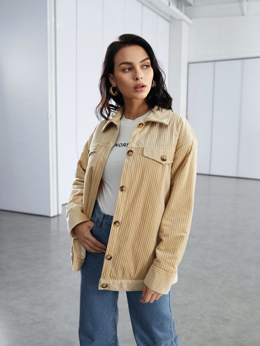 SHEIN Unity Drop Shoulder Flap Detail Corduroy Coat - Khaki - View 1