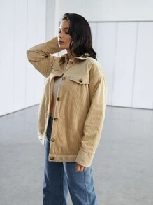 SHEIN Unity Drop Shoulder Flap Detail Corduroy Coat - Khaki - View 4