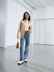 SHEIN Unity Drop Shoulder Flap Detail Corduroy Coat - Khaki - View 5