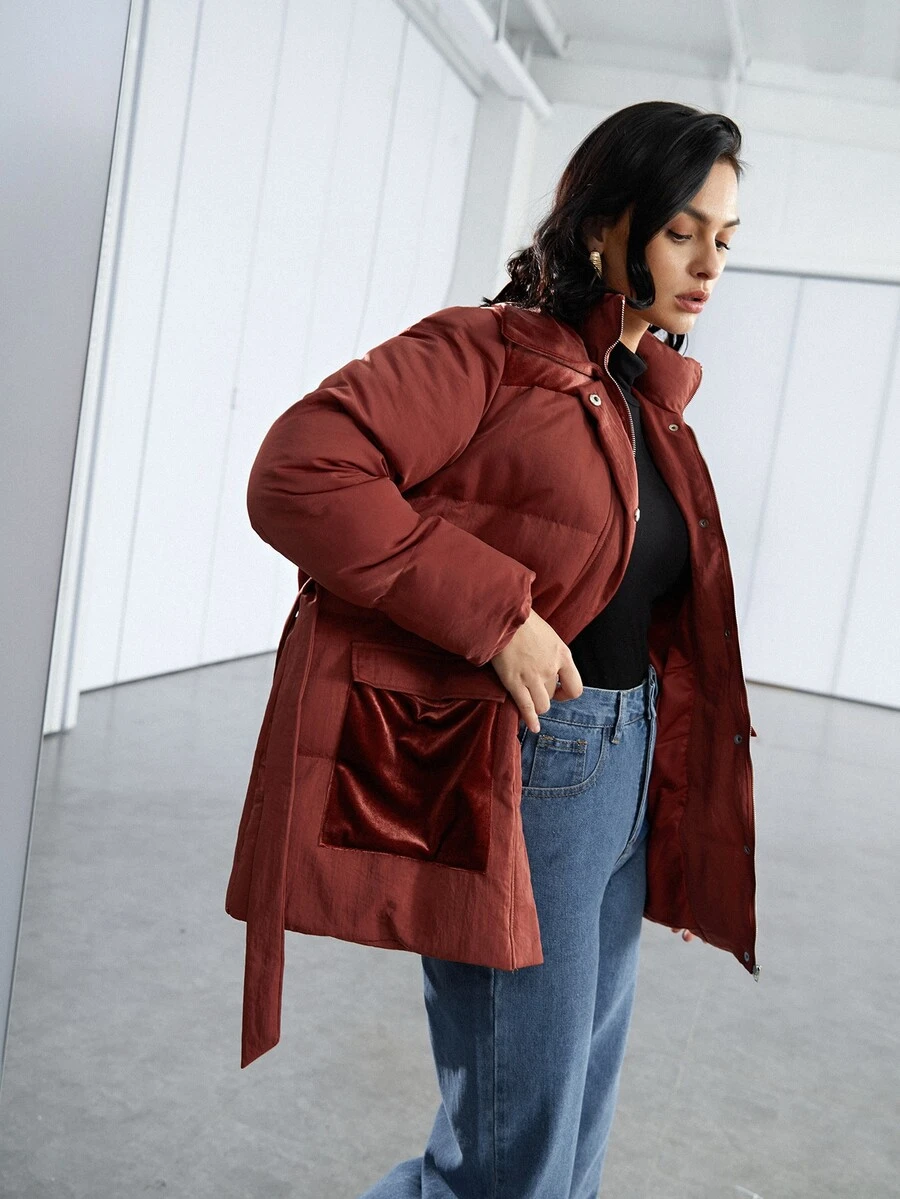 SHEIN Flap Pocket Belted Padded Coat - Burgundy - View 1