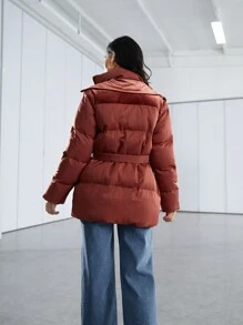 SHEIN Flap Pocket Belted Padded Coat - Burgundy - View 2
