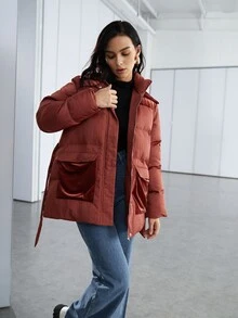 SHEIN Flap Pocket Belted Padded Coat - Burgundy - View 3
